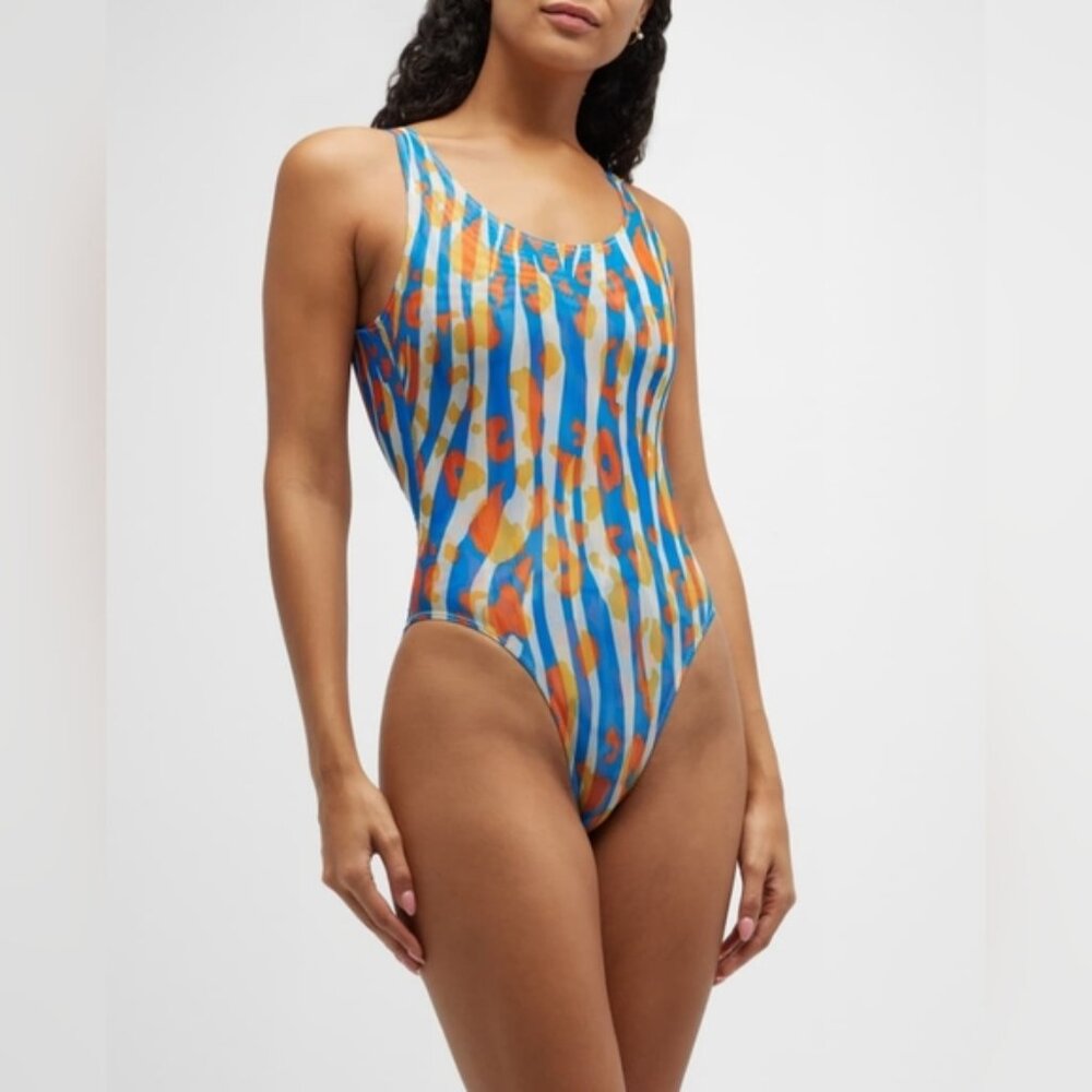 NWT SOLID  STRIPED Luela Leopard Zebra Blue Orange Print Mesh Swimsuit Sz M